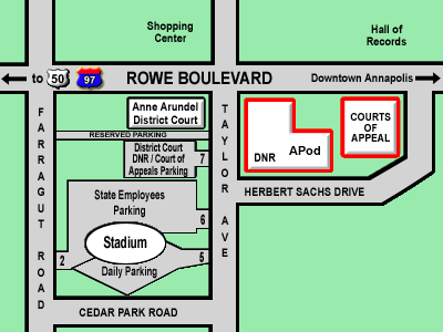 Map of the Courts of Appeal Building, Maryland Judicial Center, Tawes Complex, and Navy Stadium lot
