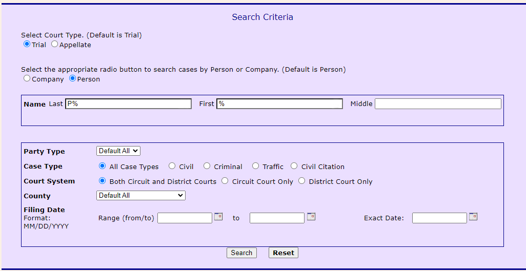 Screenshot of Case Search record