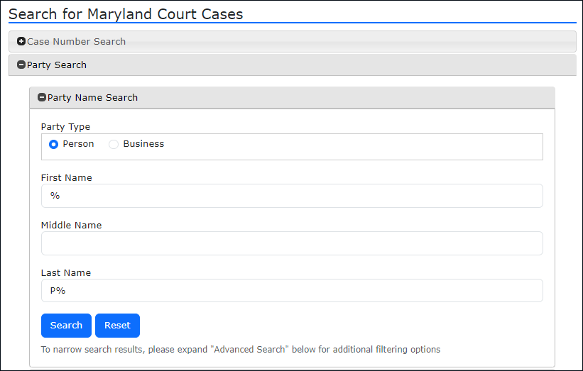 Screenshot of Case Search record