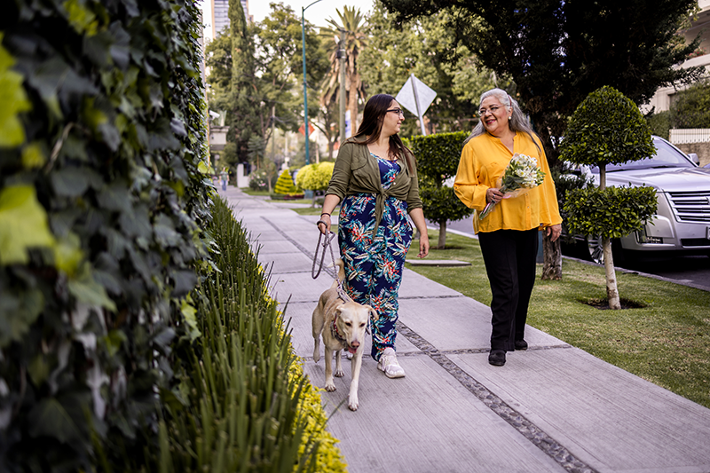 two women walking down sidewalk with dog