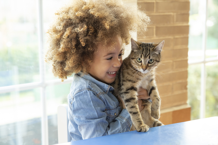 young child holding a cat